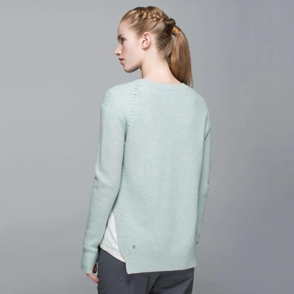 Lululemon Seva Sweater Merino Wool Pointelle Knit High Low Pullover Minty Grey 4